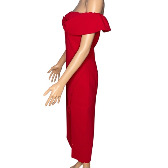 Self-Portrait Red Crepe Bow Midi Dress Size 8 NWT Off-Shoulder Side Slit - Picture 5 of 14